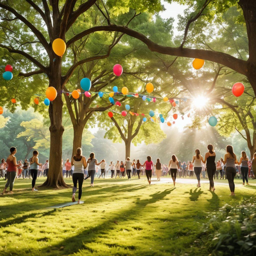 A colorful gathering of diverse people joyfully interacting in a vibrant park, surrounded by decorative banners promoting positivity. Bright sunshine filters through lush trees, and playful activities like yoga, dance, and art creation are happening, exuding an atmosphere of bliss and community. Include whimsical elements like floating balloons and butterflies. bright colors. cheerful. airy and uplifting.