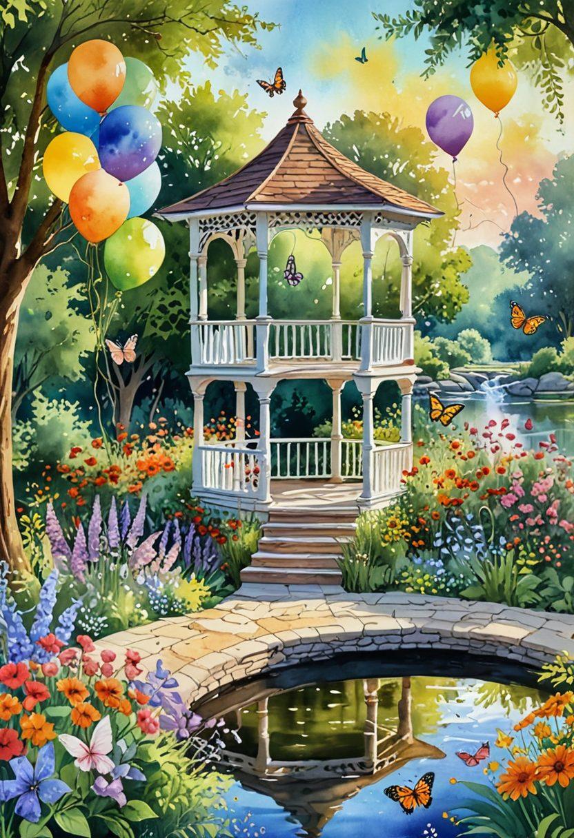 A serene garden scene featuring a whimsical gazebo adorned with colorful flowers, surrounded by cheerful butterflies and playful animals. A glowing sunset casts a warm light, inviting relaxation and joy. A family is enjoying a picnic with laughter and vibrant balloons, symbolizing blissful moments. Include gentle, flowing water nearby and soft, lush greenery. watercolor painting. vibrant colors. dreamy atmosphere.