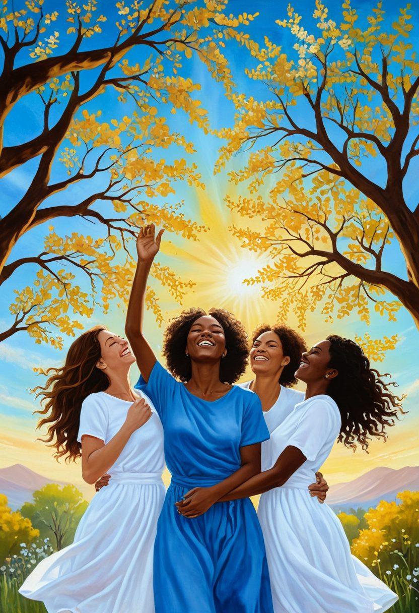 A serene scene depicting a diverse group of friends laughing and embracing under a bright blue sky, surrounded by blooming flowers symbolizing joy. Soft golden sunlight cascades through the branches of a large, friendly tree, illuminating their joyful expressions. Subtle elements of energy—like vibrant light swirls and warm colors—emanate from the group, radiating positivity. The background features a peaceful landscape, enhancing the feeling of connection and harmony. painting. warm colors. soft focus.